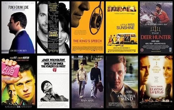 Collage of posters from films that deal with mental illness