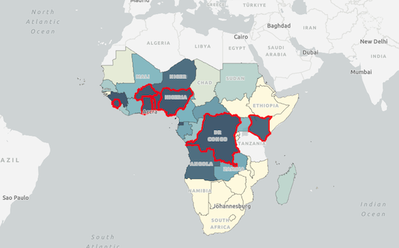 Map of Africa showing mortality rates for sickle cell disease